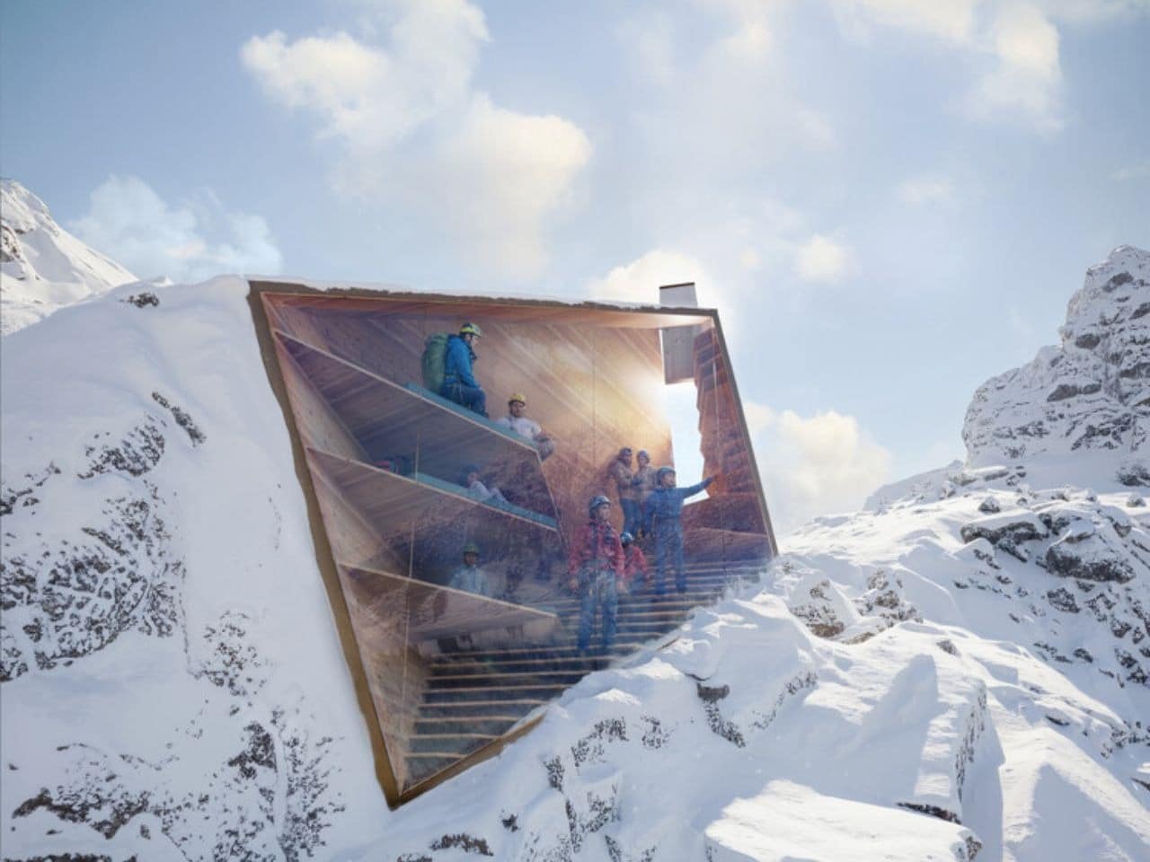 Exterior view of the CRA mountain shelter integrating circular design with the natural Alpine landscape.