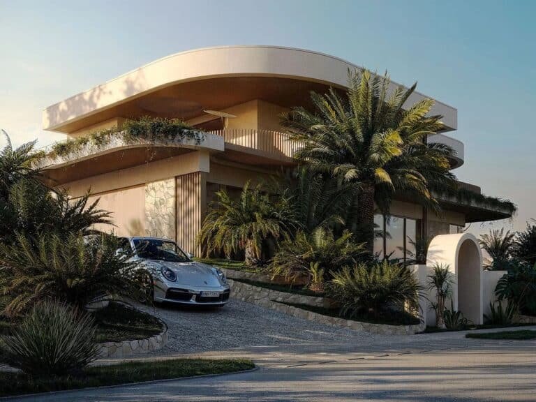 Brisbane villa exterior showcasing flowing curved architecture and integrated green terraces blending with nature.