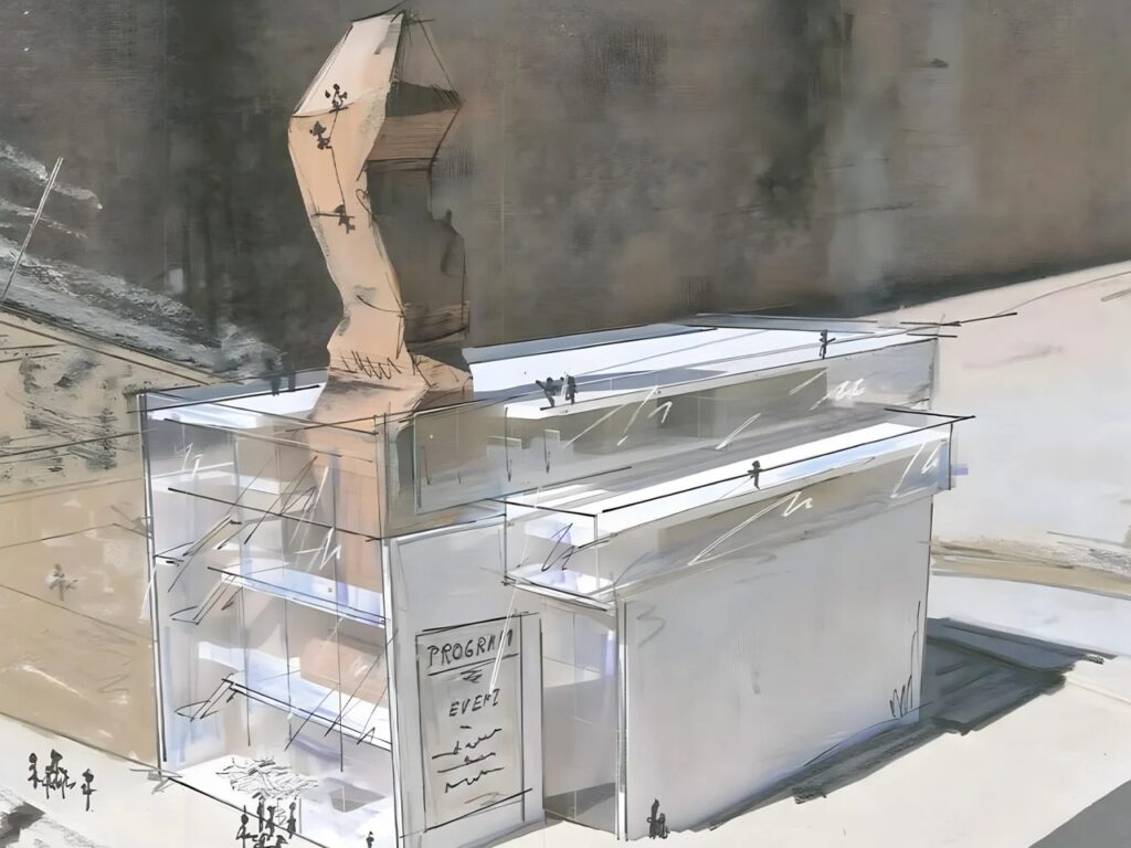 Architectural diagram and sketch of the Lina Peak base structure, showing the "Program & Event" area with glass facades.