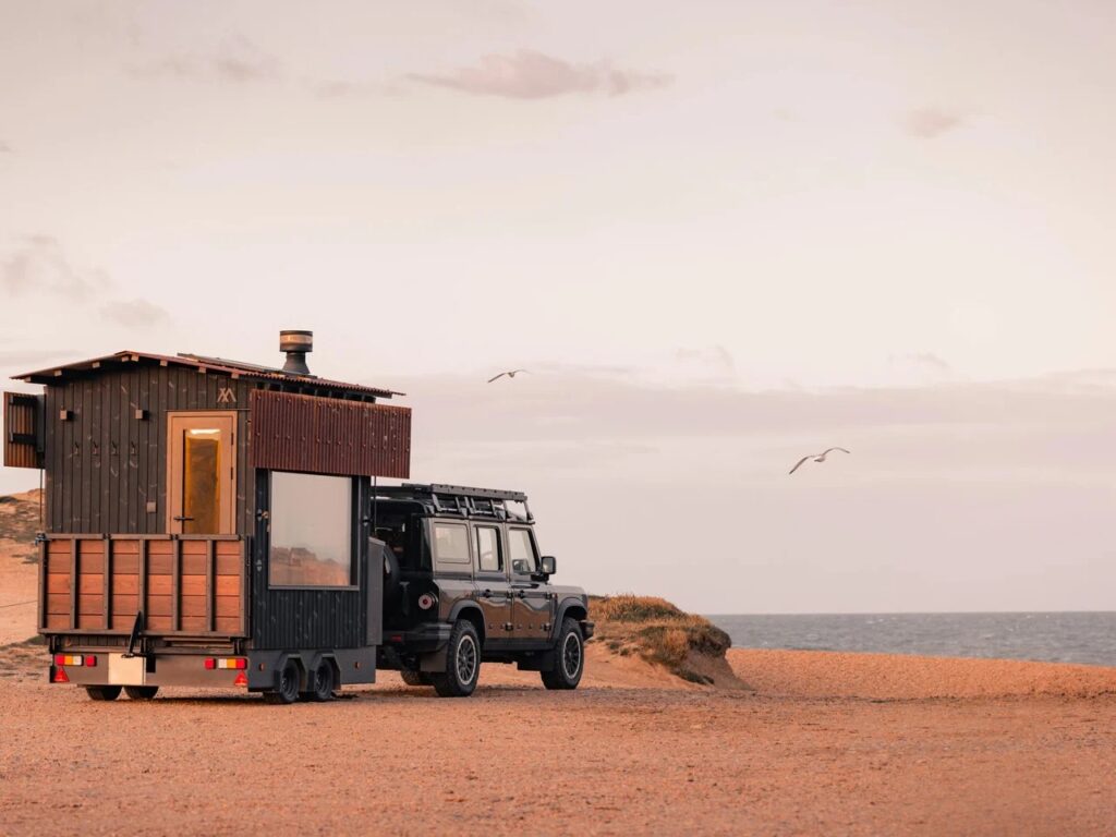Aquila mobile sauna project showcasing compact Finnish-inspired design, durable materials, solar-powered lighting, and foldable roof for remote locations