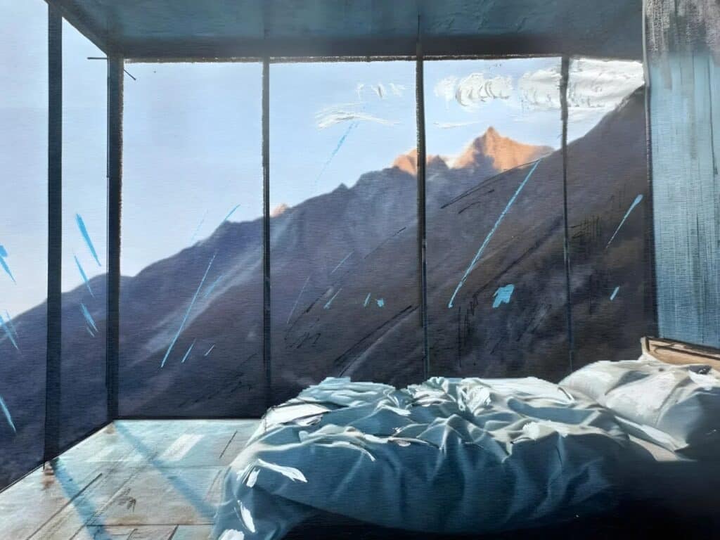 Modern minimalist bedroom interior in Lina Peak project featuring floor-to-ceiling glass walls overlooking the Zermatt mountains.