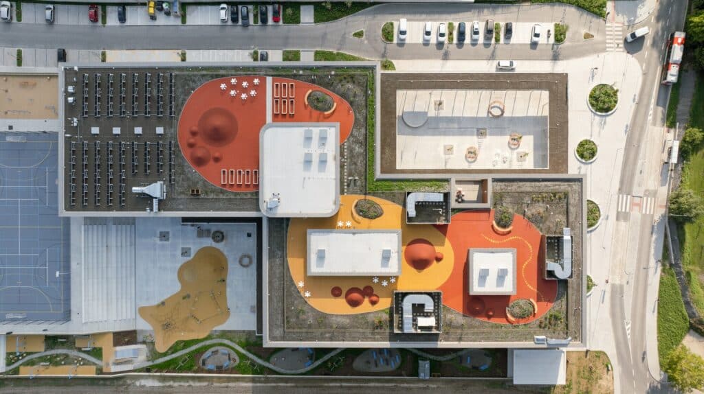 Comprehensive view of Cheneh school project illustrating flexible learning spaces, integrated sports facilities, rooftop classrooms, sustainable design, and interactive educational environments.
