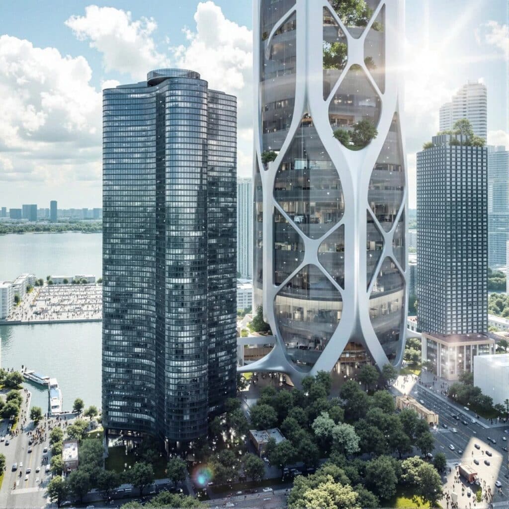 Street-level view of the Eden Rise tower's base showing public green spaces, trees, and the organic structural supports next to traditional skyscrapers.