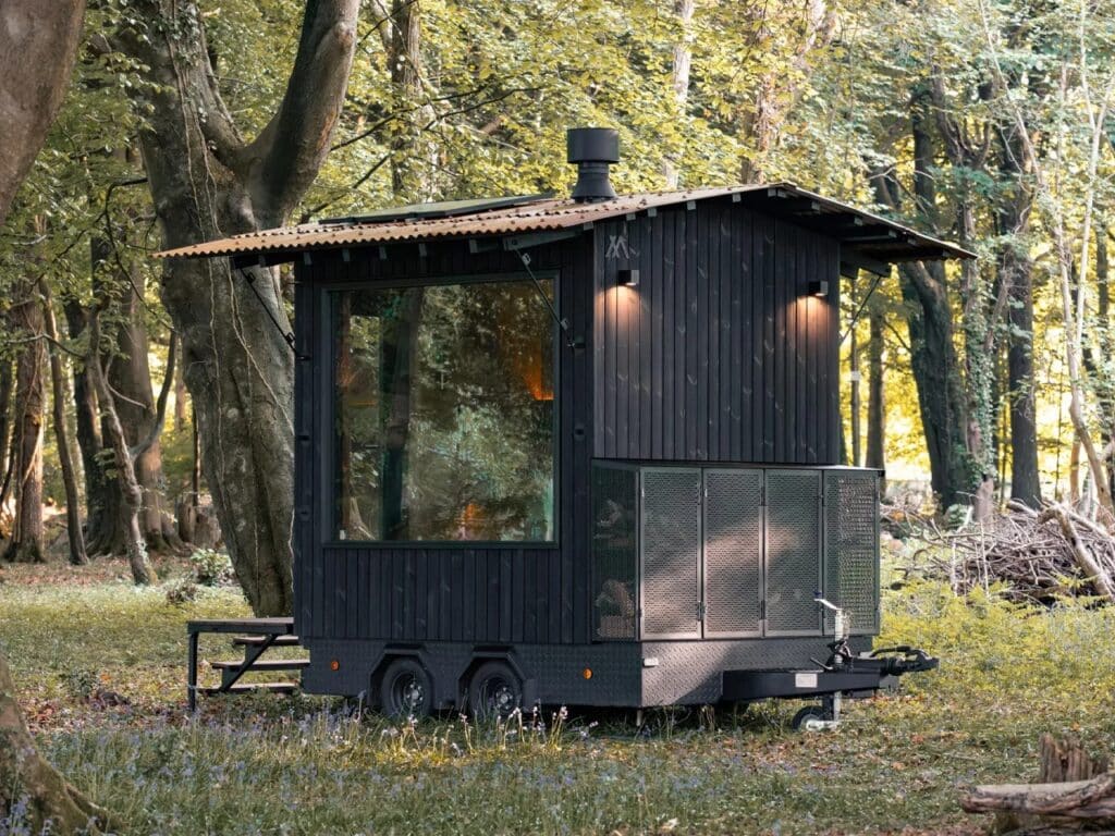 Aquila mobile sauna project showcasing compact Finnish-inspired design, durable materials, solar-powered lighting, and foldable roof for remote locations