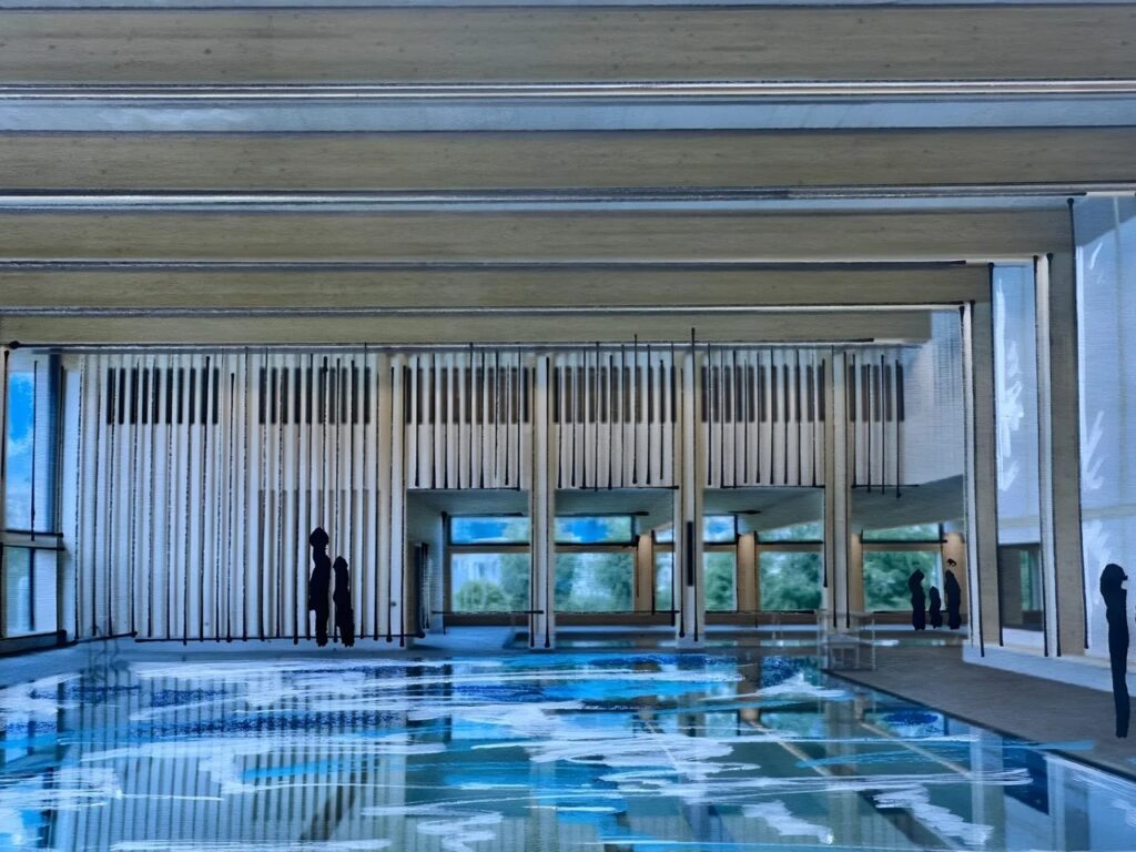 Concept sketch of a large indoor swimming pool within the Lina Peak building, featuring wooden ceiling beams and large windows.