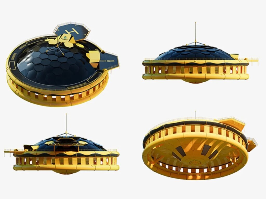 Multiple 3D render angles of the Novasis floating pod structure on a white background.