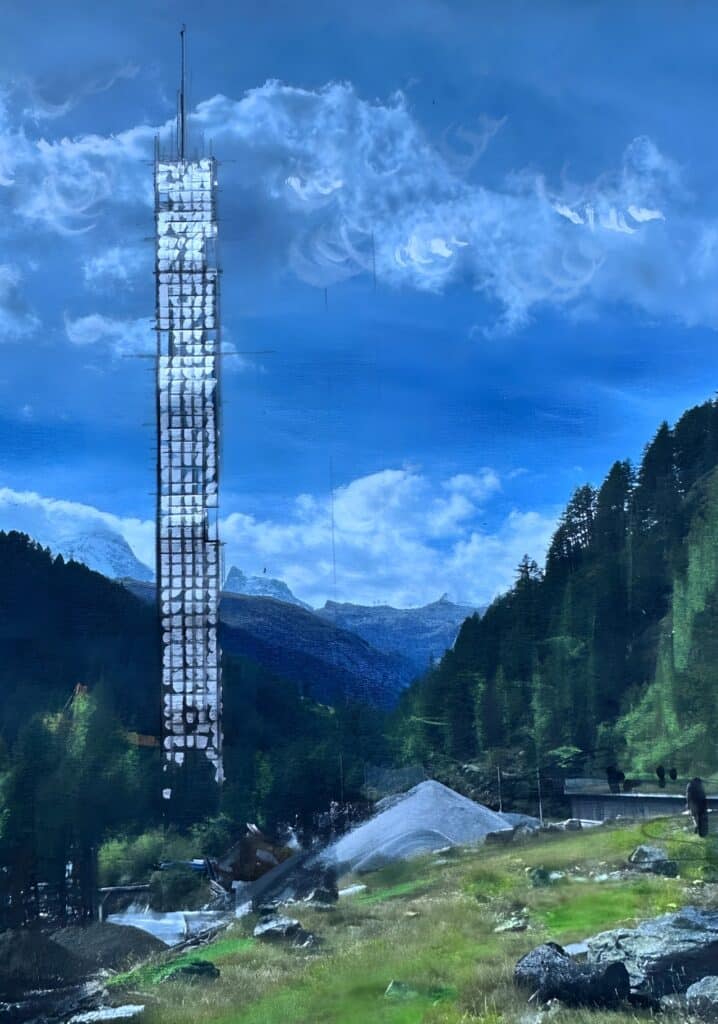 Architectural visualization of the Lina Peak slender skyscraper set against a lush green forest and blue sky during summer.