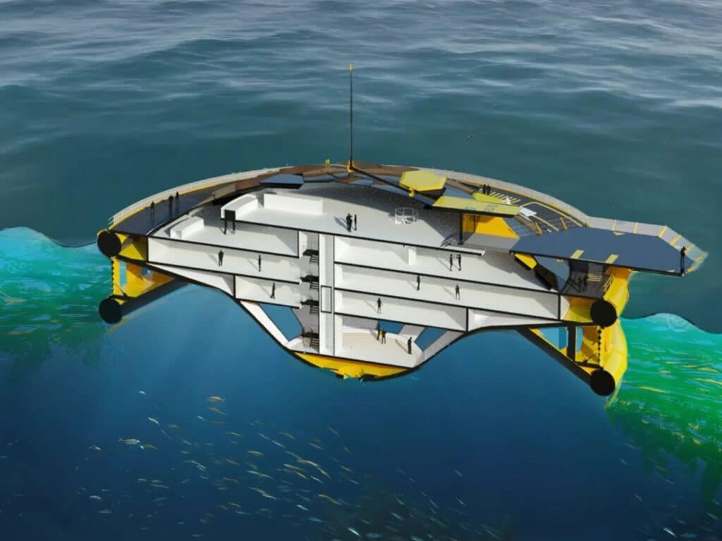 Cross-section view of a Novasis floating building showing internal floors and underwater structure.