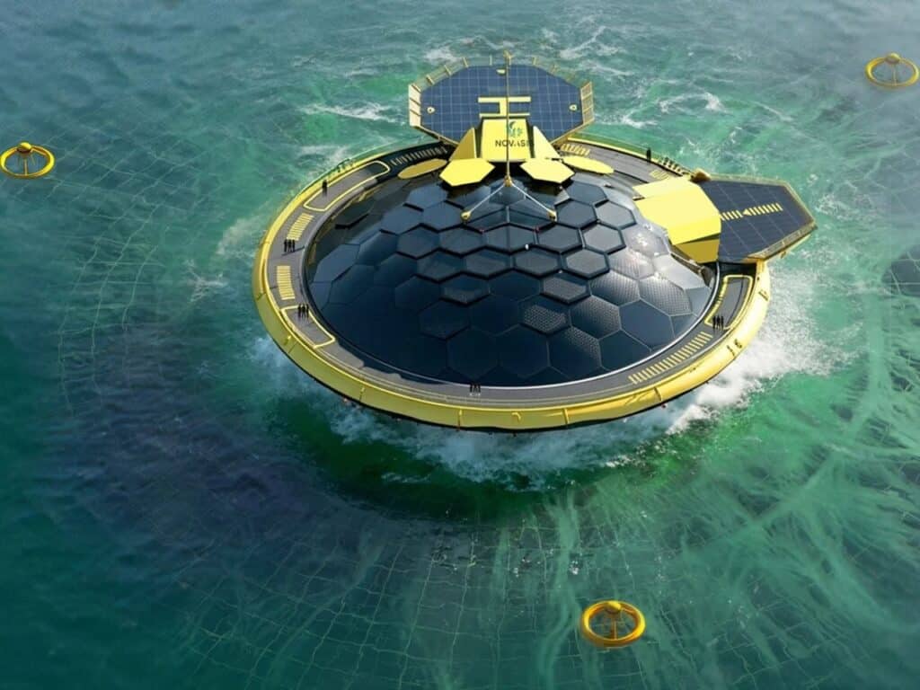 Close-up of a Novasis floating unit featuring a helipad and hexagonal solar panel roof.