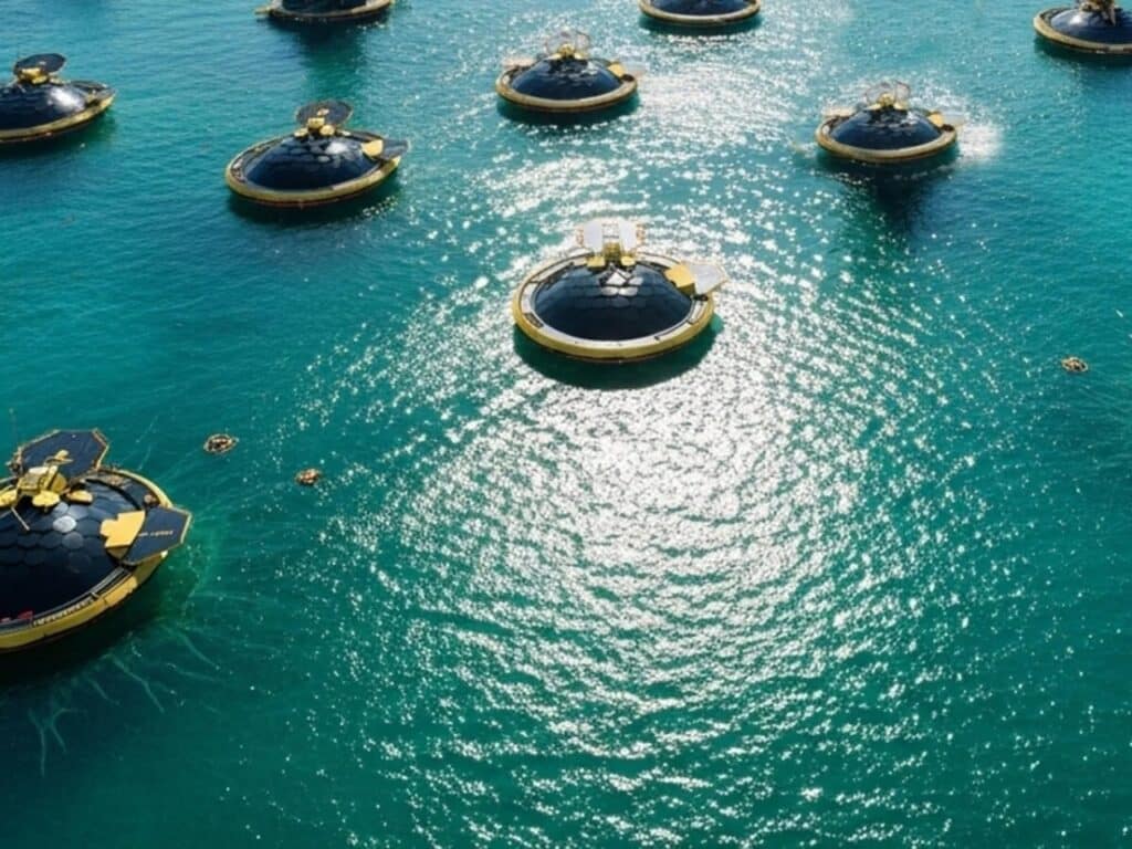 Wide shot of Novasis circular architectural pods reflecting sunlight on clear sea water.