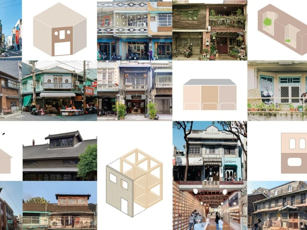 Collaged graphics showing various traditional Chiayi window and roof details alongside architectural diagrams of the pavilion.