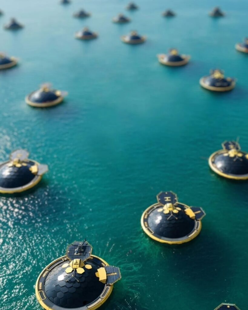 Aerial view of multiple Novasis floating architectural units scattered across a turquoise sea.