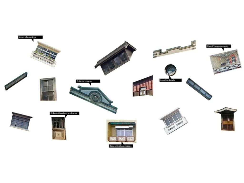 Architectural diagram showcasing traditional Chiayi building elements like balconies, balustrades, and eclectic crowns used as inspiration for the pavilion.