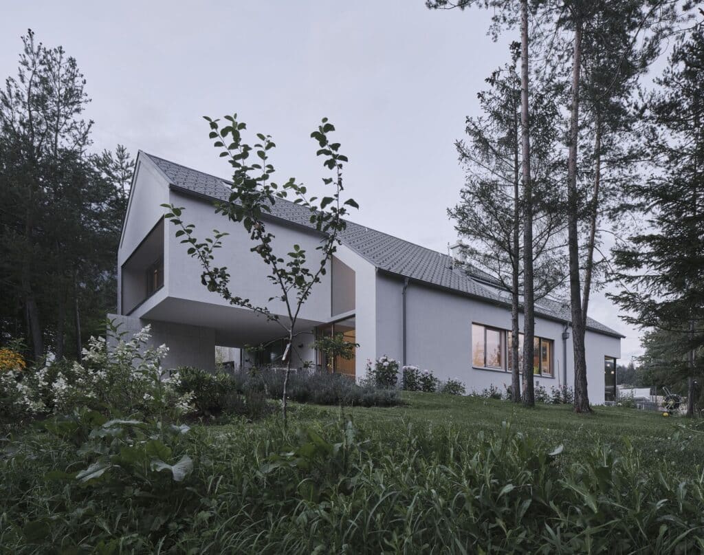 Modern white house with an asymmetric roof and large windows situated on a grassy slope with pine trees.