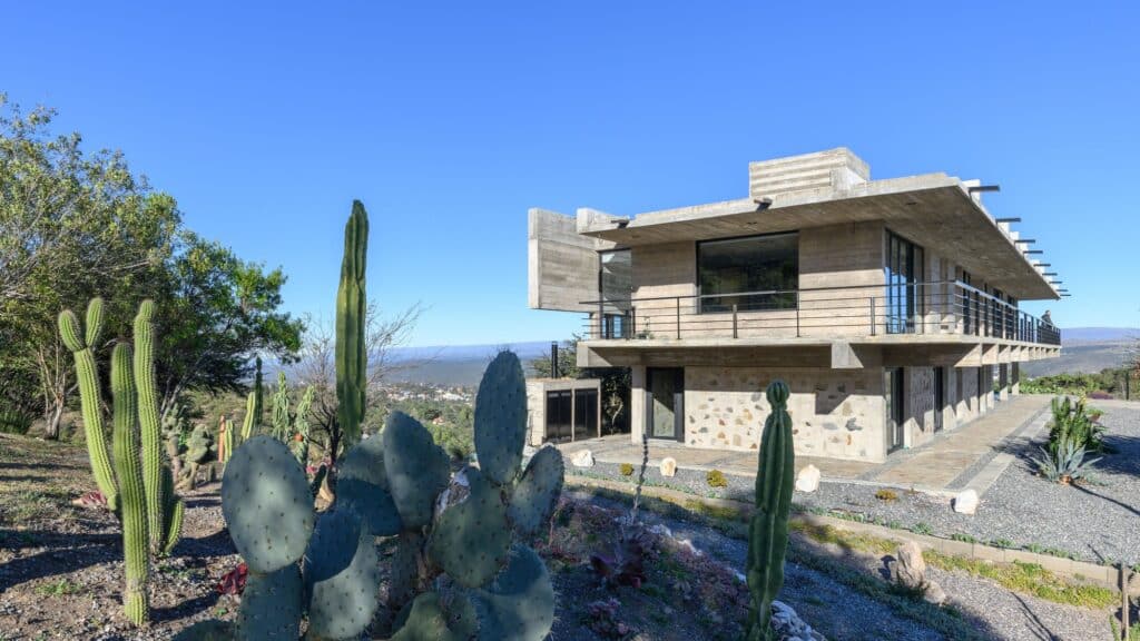 View of the modern concrete house framed by native cacti and arid vegetation under a clear blue sky.