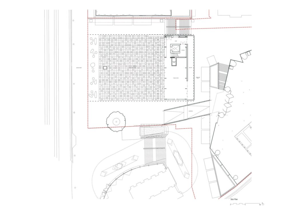 Architectural site plan for George Street Plaza and Community Building, showing the layout of the perforated public plaza, the angular community building, and the surrounding urban context.