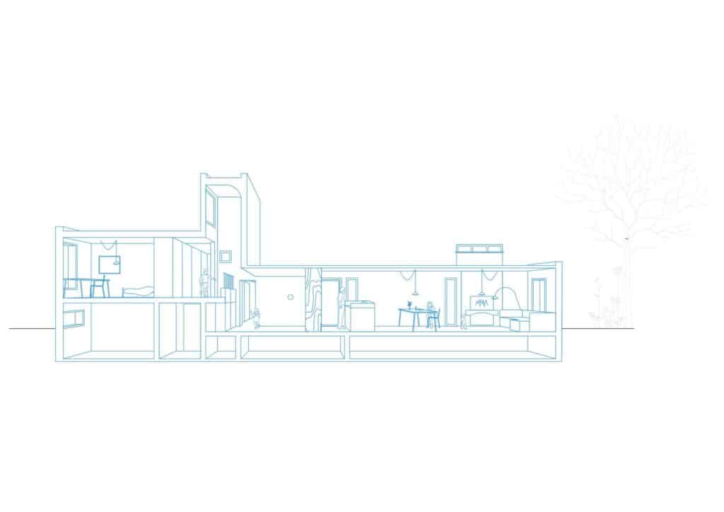 Architectural section drawing showing the split-level interior and the vertical blue tower of the bungalow.