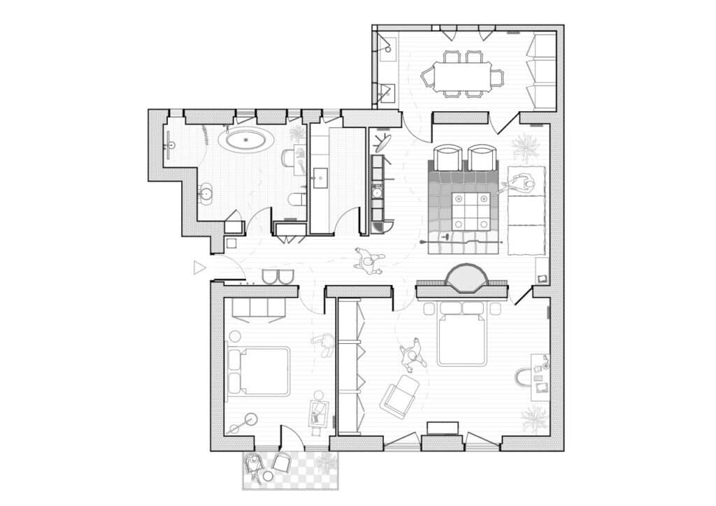 Private residence interior reflecting the owner's personality with natural materials, neutral colors, flexible spaces, and central fireplace, balancing functionality and aesthetics.