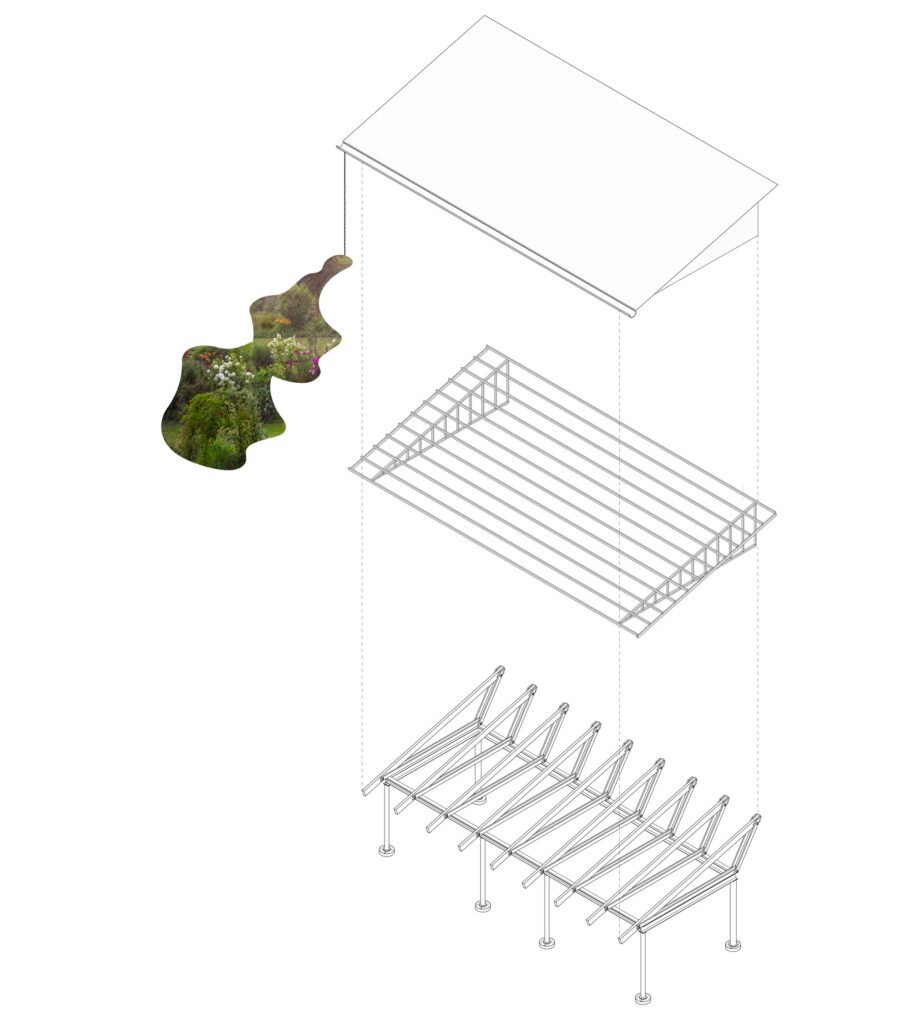 Big Roof architectural project in Detroit combines flexible open-air spaces, seasonal dining areas, wavy roof design, transparent structure, and natural environmental integration.