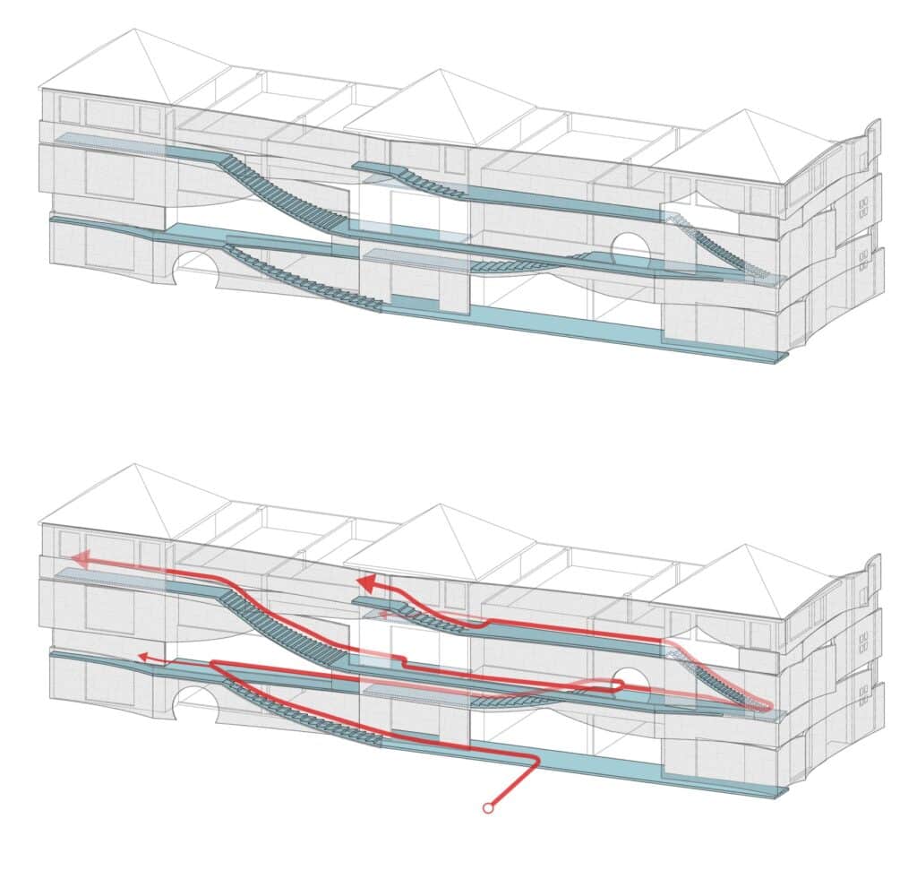Architectural axonometric diagram showing circulation paths and levels of the Zhouzhuang theatre project.