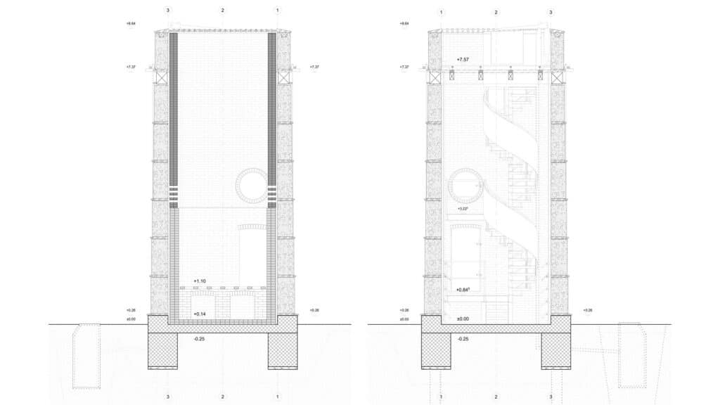 Swiss Brick Museum showcasing traditional manual brick-making, innovative pre-stressed earthen tower, exhibition spaces, and sustainable building techniques for architectural research.