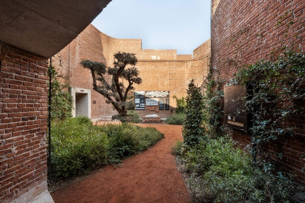 Inner courtyard of the museum with red earth paths, green shrubs, and a central olive tree against brick walls.