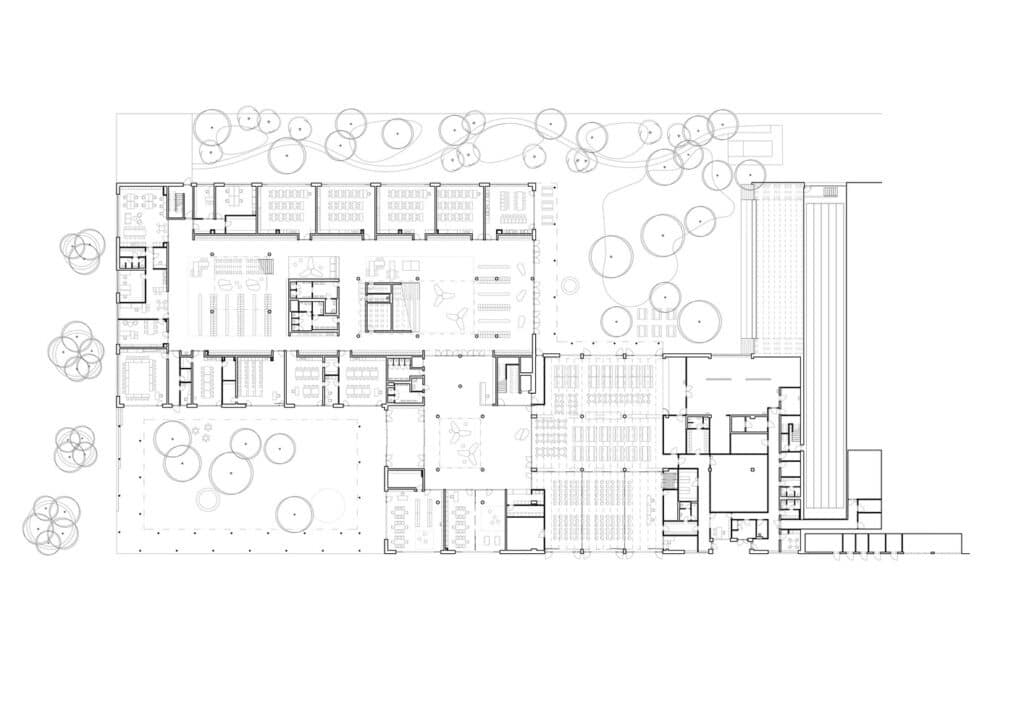 Comprehensive view of Cheneh school project illustrating flexible learning spaces, integrated sports facilities, rooftop classrooms, sustainable design, and interactive educational environments.