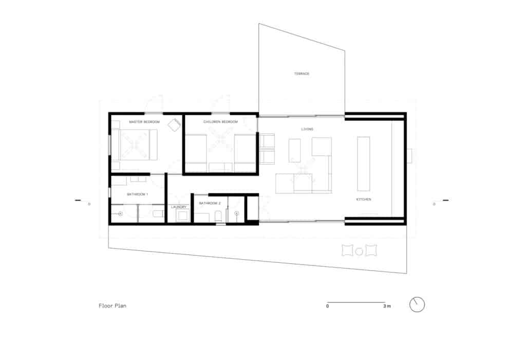 Detailed architectural floor plan of Casa Roca showing the master bedroom, children's bedroom, and open-plan living and kitchen area integrated with a terrace.