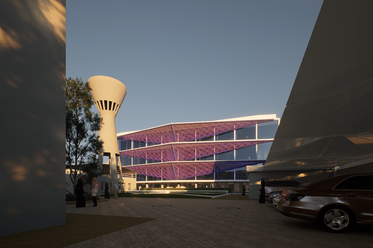 Final photorealistic night rendering of the Indonesian Consulate in Jeddah, featuring the purple illuminated parametric facade and water tower.