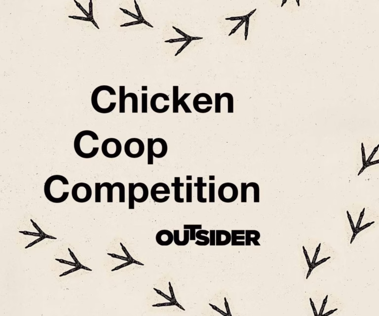Promotional architectural visualization for the Chicken Coop Competition showing a conceptual chicken coop structure as a design challenge.