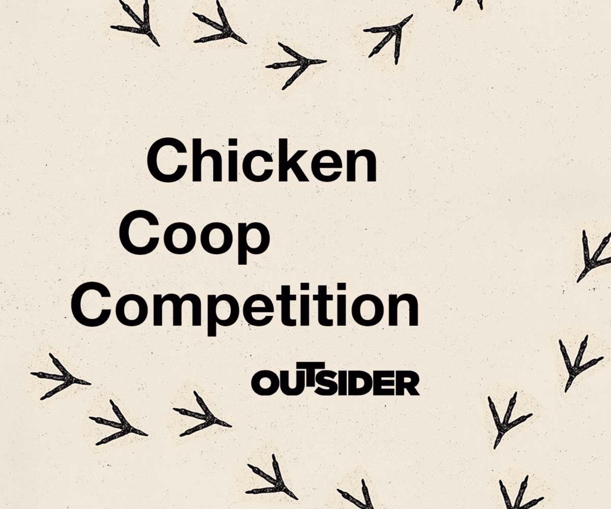 Promotional architectural visualization for the Chicken Coop Competition showing a conceptual chicken coop structure as a design challenge.