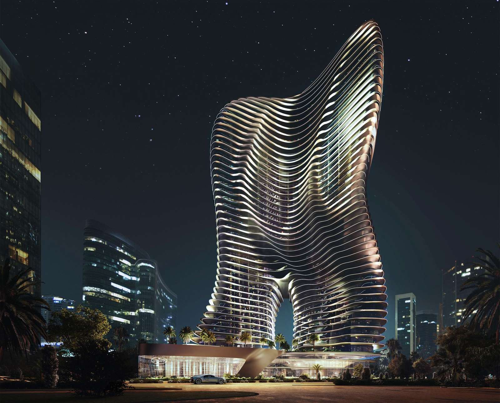 Night rendering of an asymmetrical, undulating modern skyscraper with horizontal fins, illuminated against a dark, starry sky.