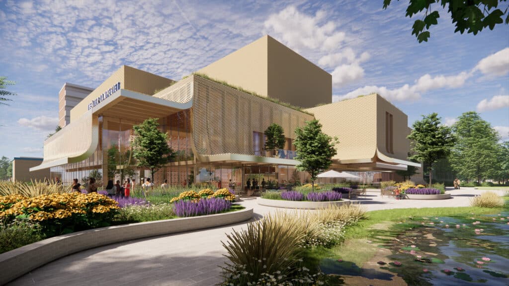 Daytime exterior of the New Lampegiet Theatre, showing the stacked volumes and its integration with the public square.