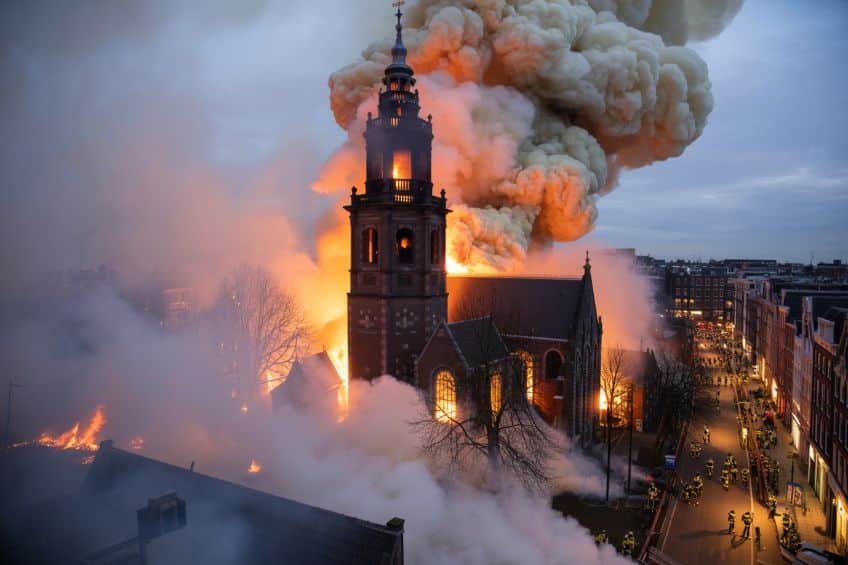 Vondelkerk church burning with flames and smoke rising into the night sky during the New Year fire