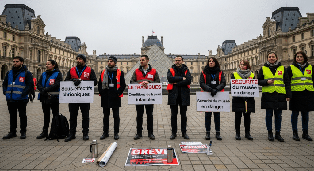 Louvre Museum staff protest in courtyard holding signs about chronic understaffing and unsafe working conditions, with glass pyramid visible behind.