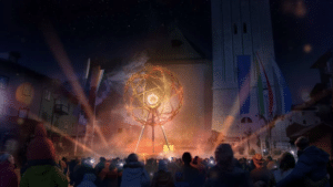 A detailed graphic showcasing the intricate mechanical design of the Milano Cortina 2026 Olympic cauldron, with a view of it placed in the city.