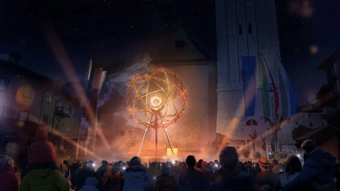 A detailed graphic showcasing the intricate mechanical design of the Milano Cortina 2026 Olympic cauldron, with a view of it placed in the city.