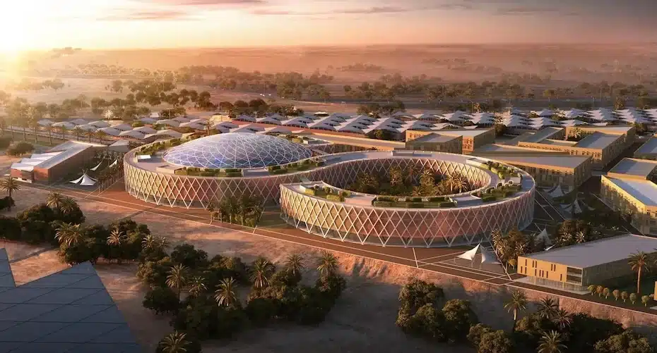 Hexagon Saudi Arabia data center complex with dome structure and circular modules at sunset