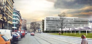 Rendering of the New Brno Municipal Building from Malinovského náměstí, showing its stepped white facade, ground-level green space with canopy structures, and integration into the urban street with tram tracks and parked cars.