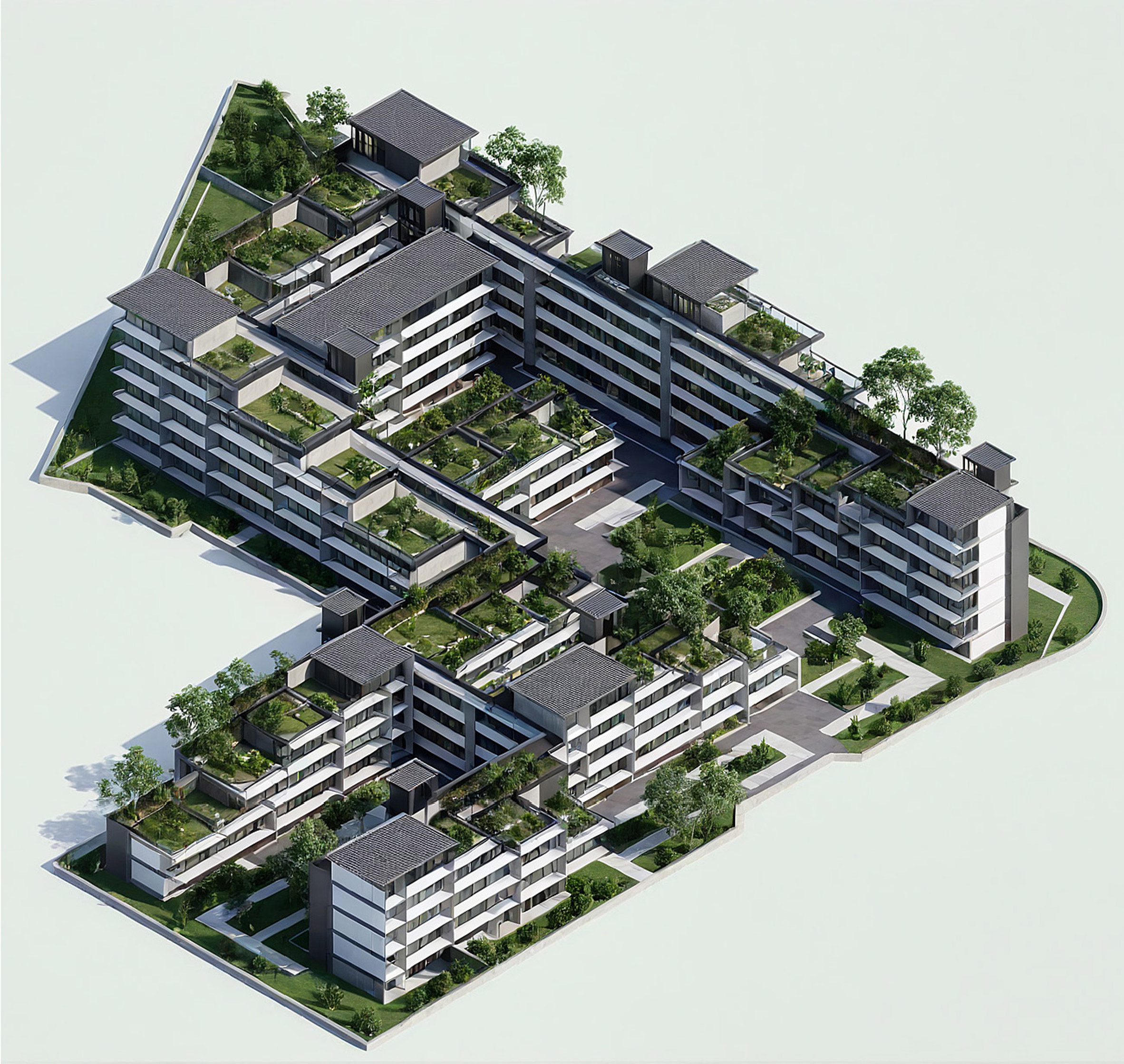 Aerial rendering of a mixed-use housing proposal in Chelmsford, UK, featuring modular blocks with green roofs and integrated courtyards for social and ecological resilience.