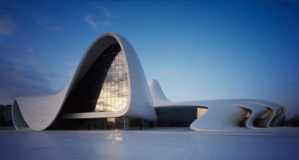 Cultural center in Baku showing experimental architecture through continuous flowing form