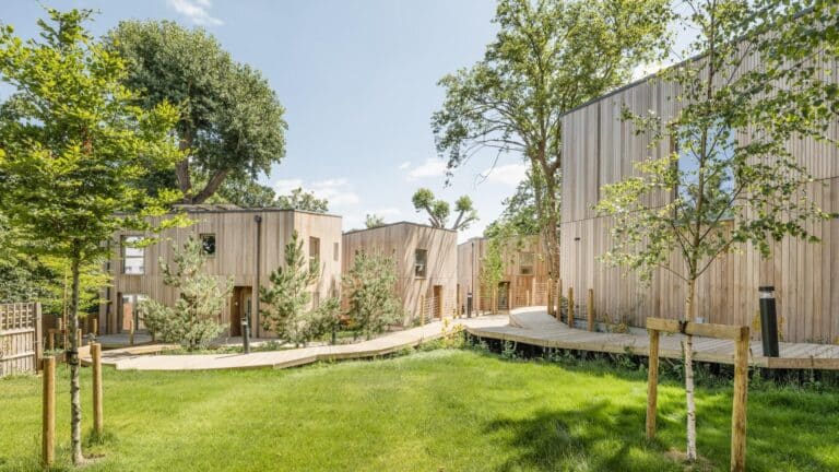 A row of modern wooden-clad backyard homes in southeast London, connected by a curved timber walkway through a landscaped green space under bright daylight.