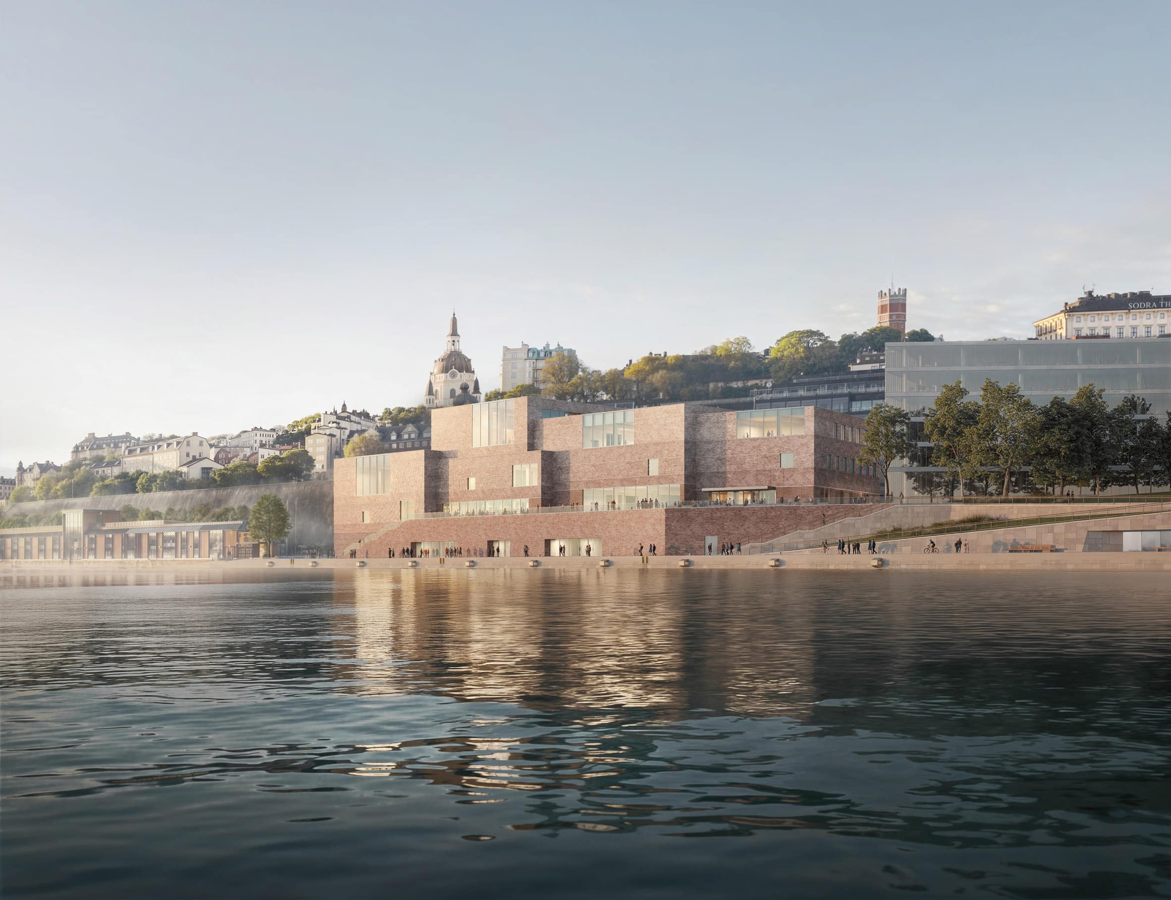 Nobel Center Stockholm 2026 exterior view showing interlocking brick volumes along the Slussen waterfront with historic cityscape in background