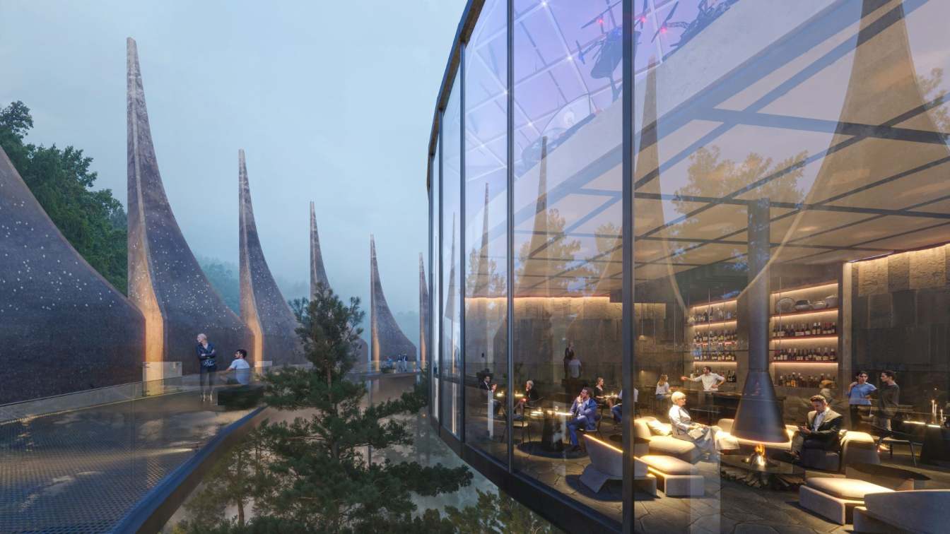 Interior view of the Lynx futuristic gothic drone stations, showing the lounge area with large glass windows overlooking the mountainous landscape.