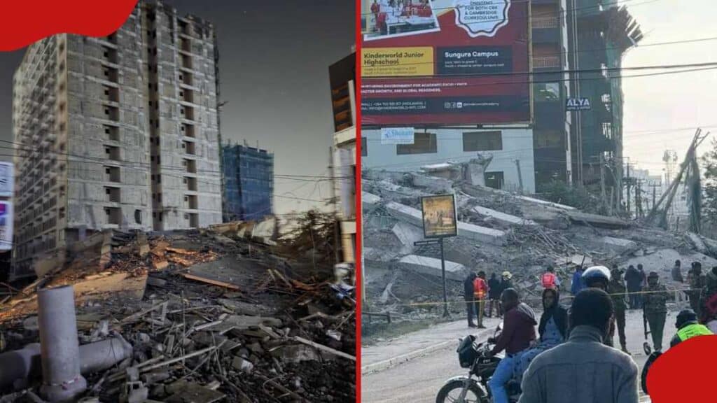 مبنى مكون من 16 طابقًا منهار في حي ساوث سي بنيروبي، يظهر الأنقاض وفرق الطوارئ في الموقع فشل في السلامة الإنشائية.