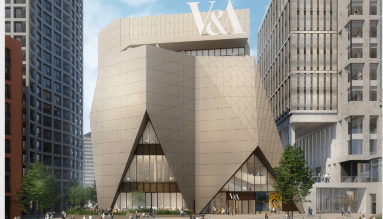 Full view of the V&A East Museum's sculptural, folded facade, designed by O’Donnell + Tuomey in East London's Queen Elizabeth Olympic Park.