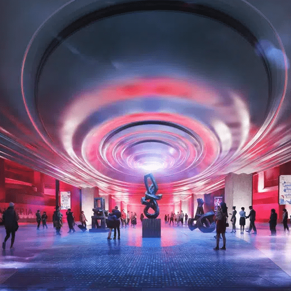 Aerial view of the Hanwha Galleria twin towers at dusk, showcasing their hourglass shape and glowing glass facades against the Seoul skyline.