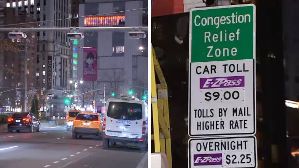 Night view of Manhattan street with traffic and a green sign reading &ldquo;Congestion Relief Zone&rdquo; and &ldquo;CAR TOLL $9.00&rdquo; under Architectural Security policy.