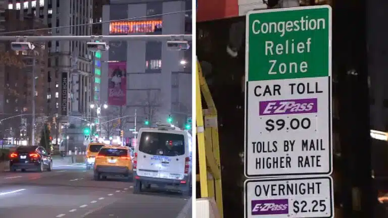 Night view of Manhattan street with traffic and a green sign reading “Congestion Relief Zone” and “CAR TOLL $9.00” under Architectural Security policy.