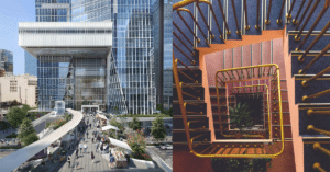 A split view of a modern urban complex in Tokyo with glass towers and pedestrian pathways, alongside an interior stairwell in Sydney featuring golden railings and layered circulation design.
